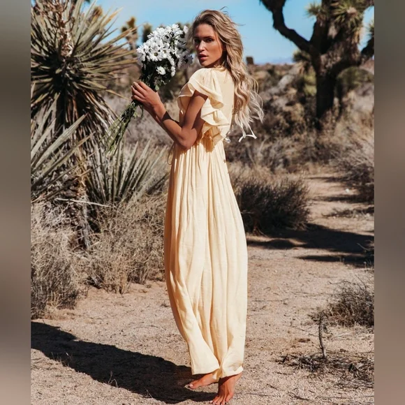 New Gauzy Cover Up Maxi Dress Button Front Deep Plunge Beige Ivory